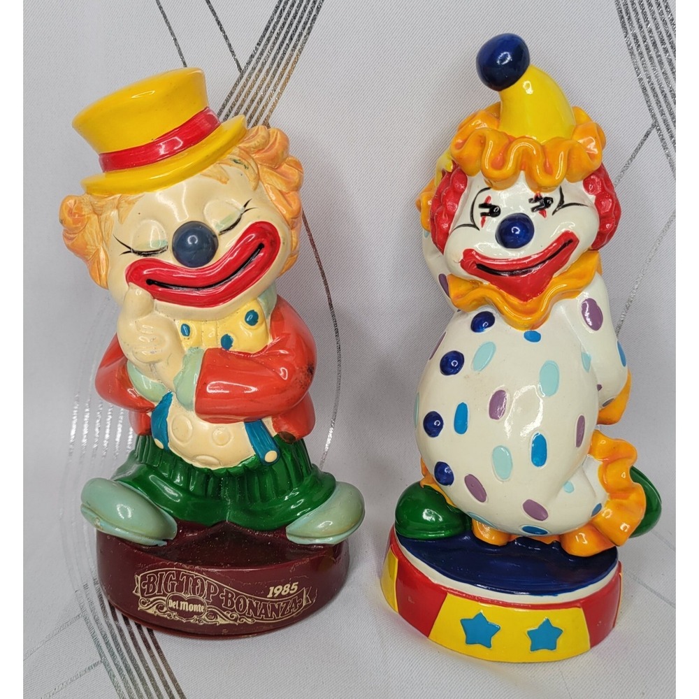 2 VTG Rubber Clown Banks - Del Monte "Big Top Bonanza" & Reg Clown w/ Stoppers